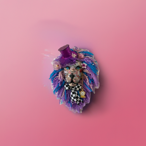 Alice in Wonderland themed Lion head with her vintage face, pocket watch, hat, it’s amazing In real life Great Christmas Present