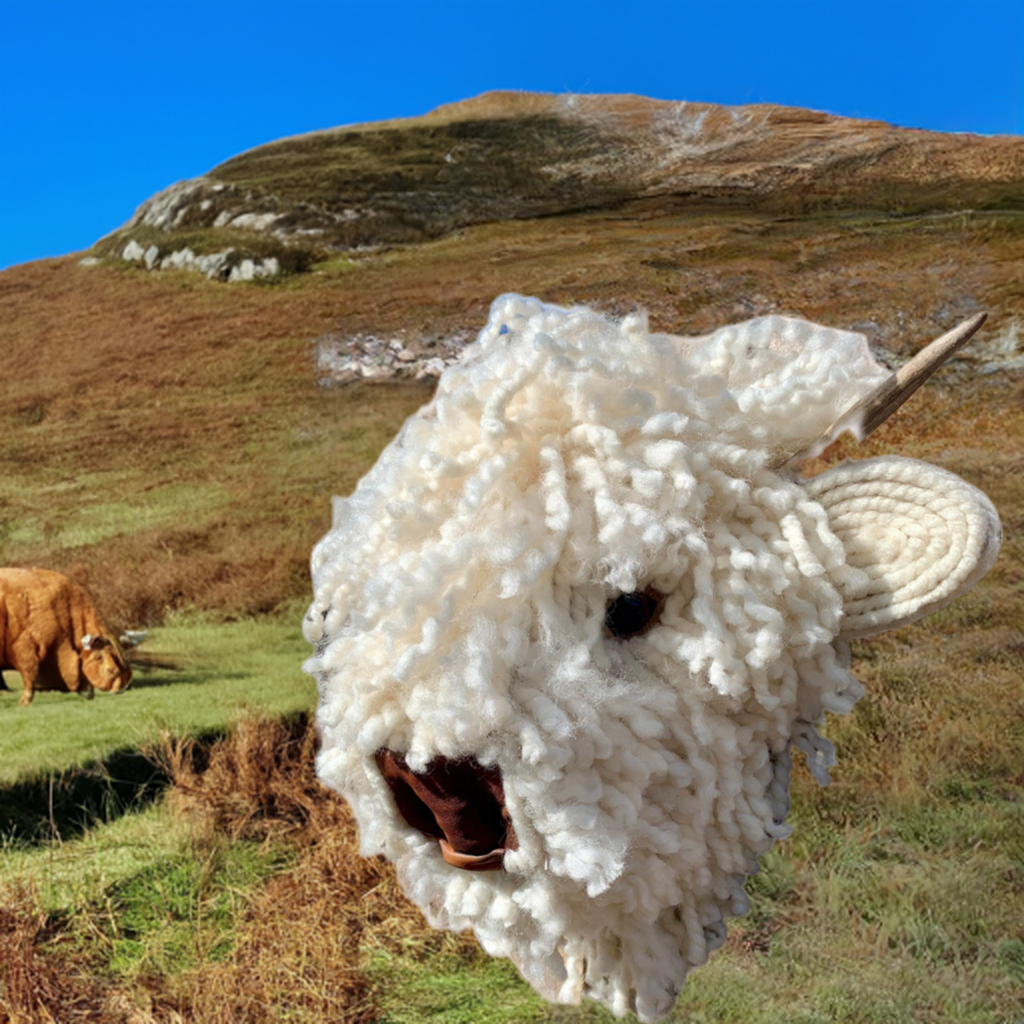 Baby Highland Cow  Leather nose  Bull Head, carved  Horns faux natural sheep wool Easy to hang STUNNING Better in real life