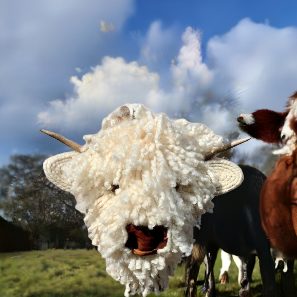 Baby Highland Cow  Leather nose  Bull Head, carved  Horns faux natural sheep wool Easy to hang STUNNING Better in real life