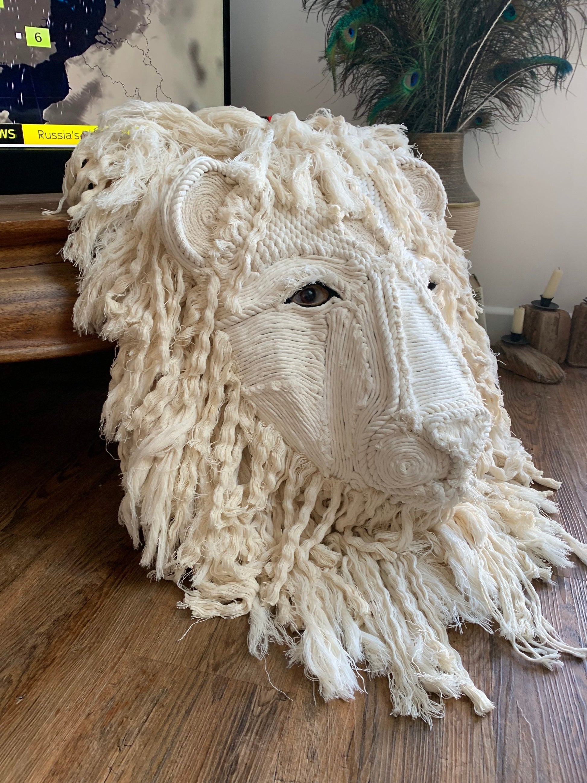 Lion head 3ft x 3ft made from recycled macrame cord Beautifully made