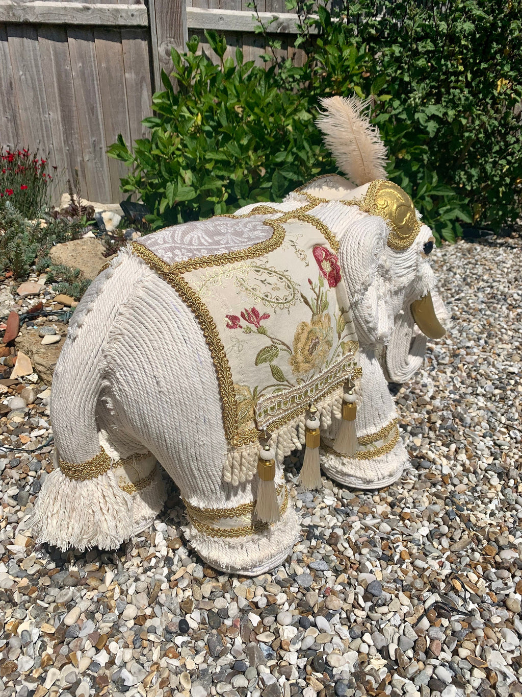 Freestanding high quality Elephant beautifully decorated with gorgeous fabrics and macrame cord