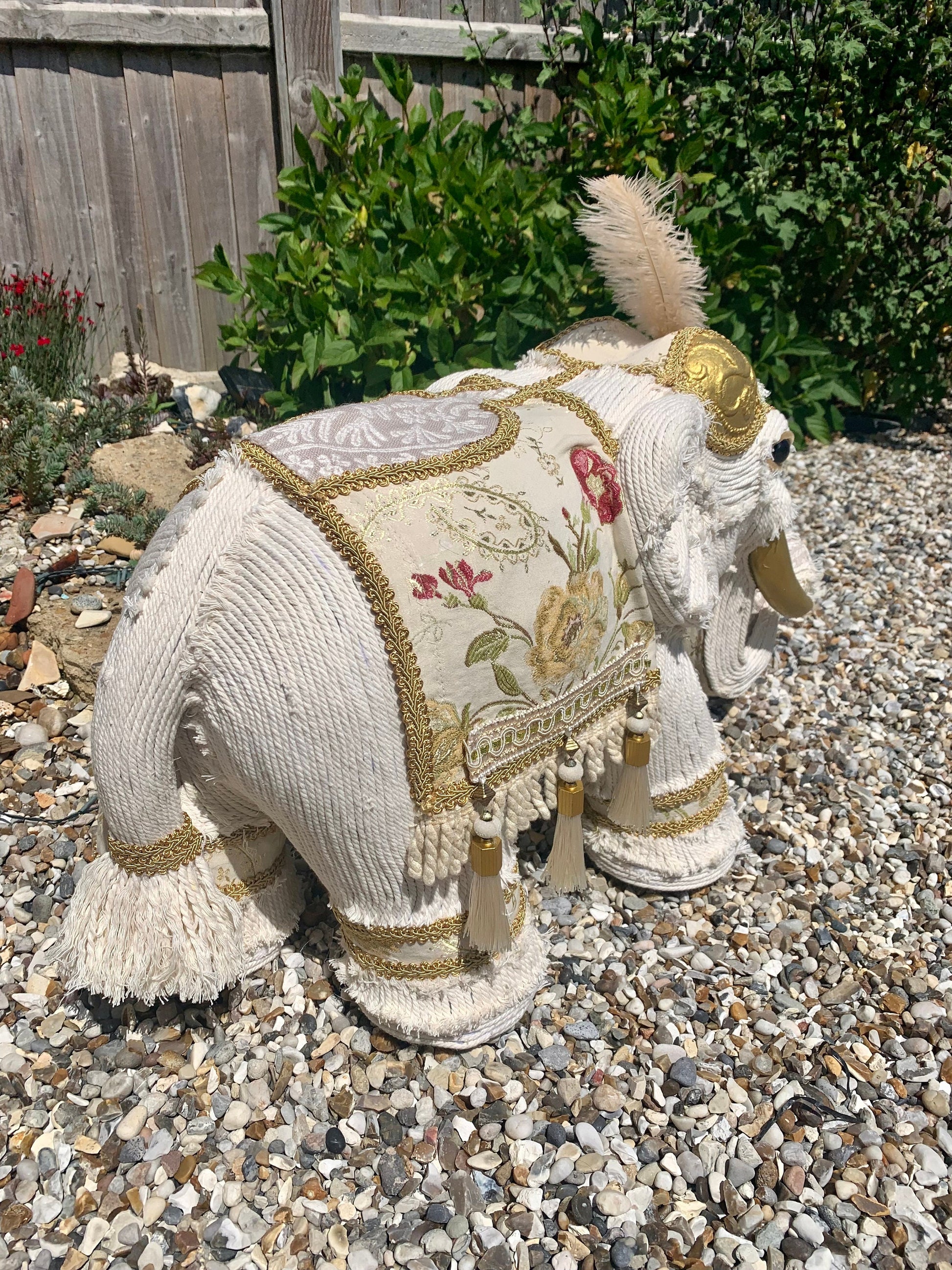 Freestanding high quality Elephant beautifully decorated with gorgeous fabrics and macrame cord