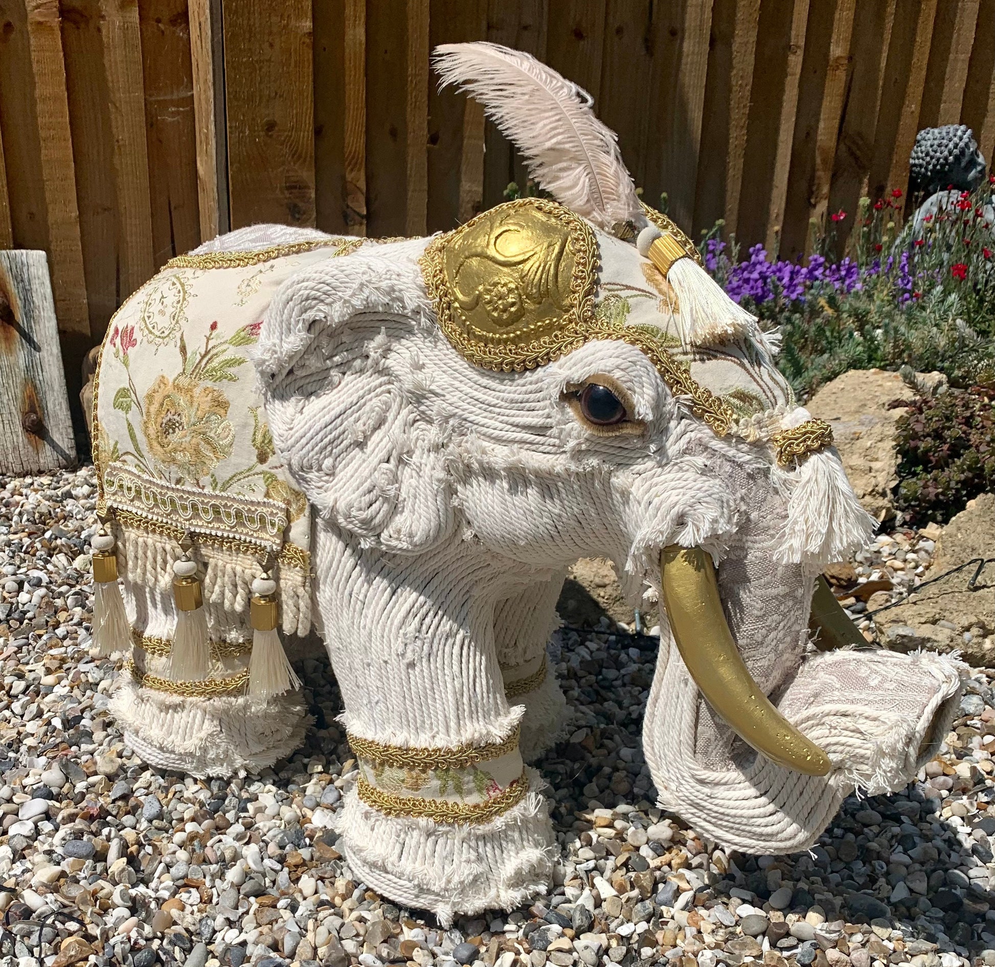 Freestanding high quality Elephant beautifully decorated with gorgeous fabrics and macrame cord