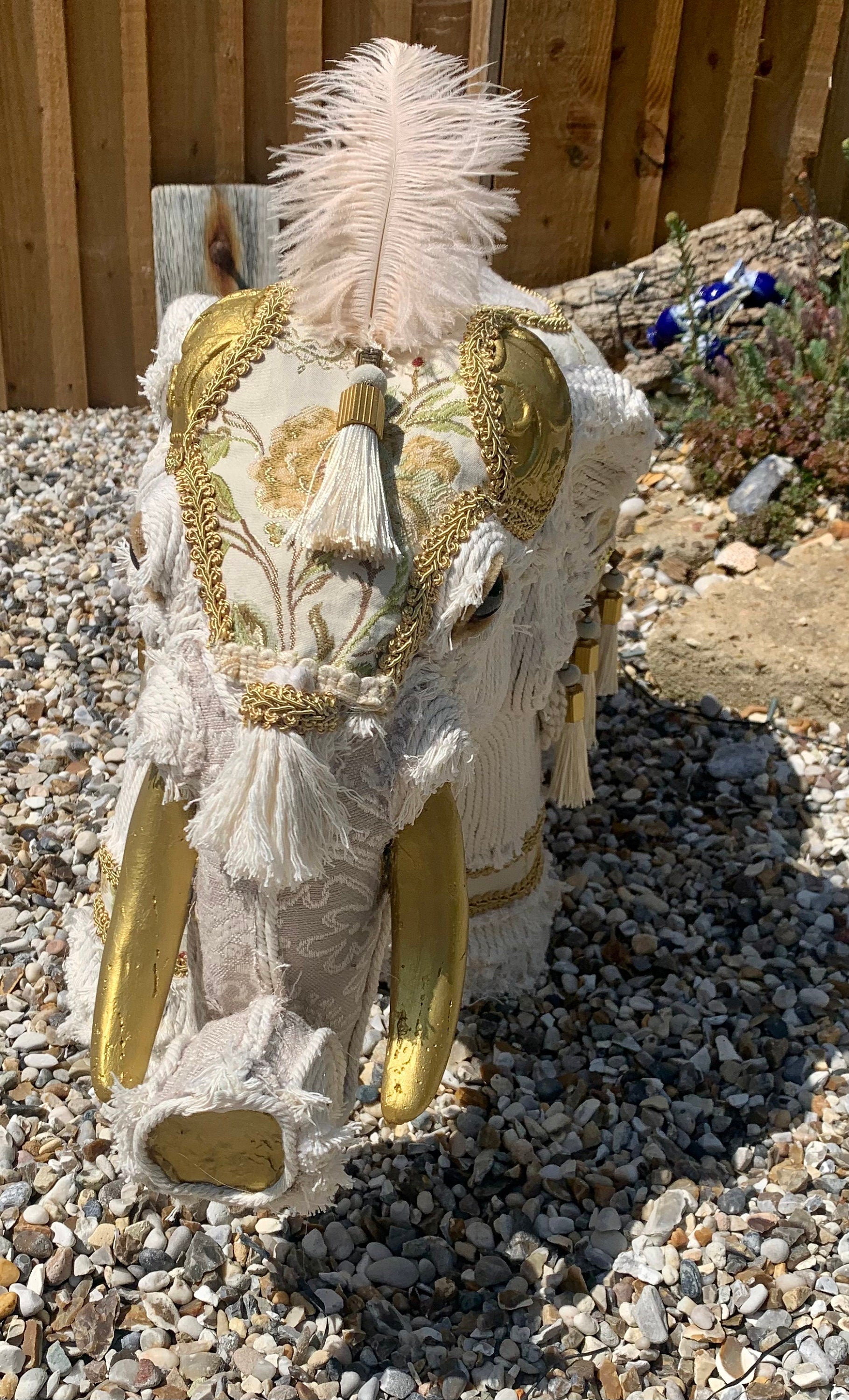 Freestanding high quality Elephant beautifully decorated with gorgeous fabrics and macrame cord