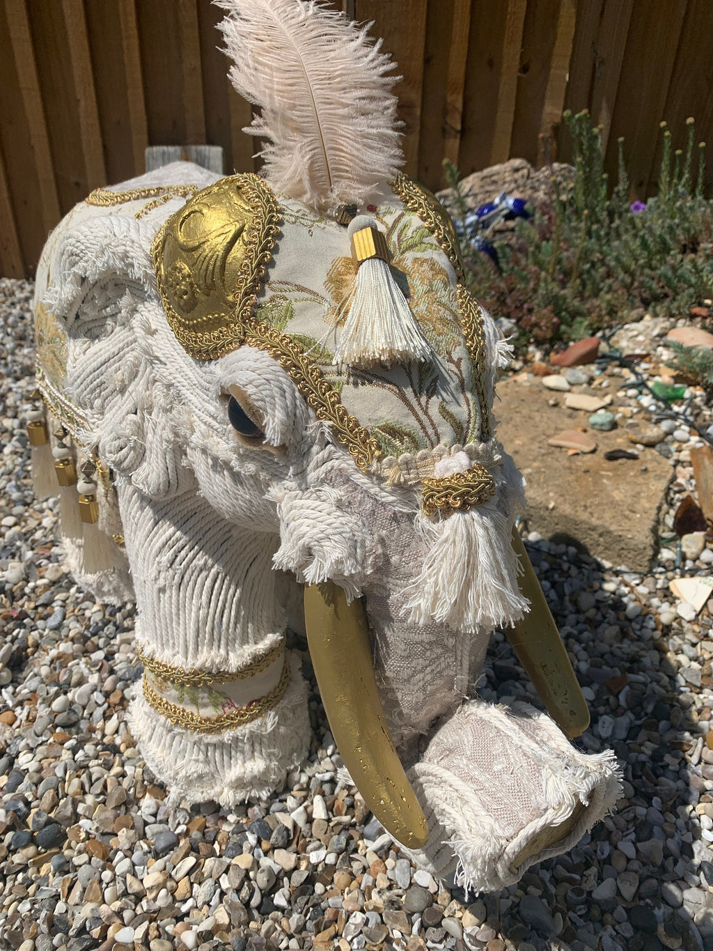 Freestanding high quality Elephant beautifully decorated with gorgeous fabrics and macrame cord