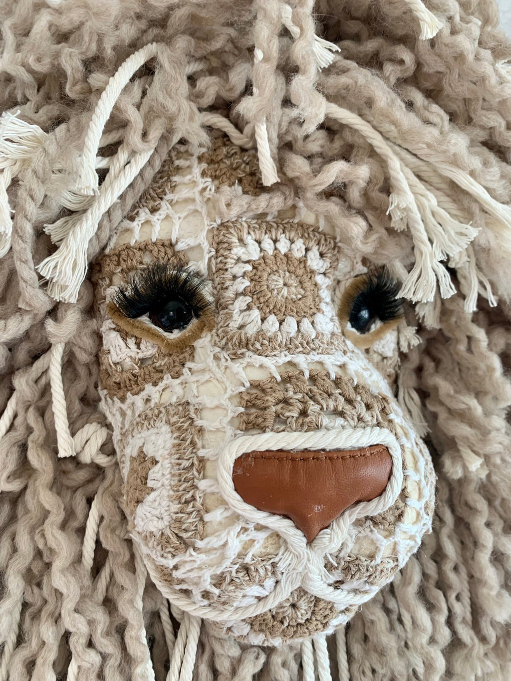 Crochet Lion head Handmade with tweed colour wool mane gift wall art taxidermy kids room baby nursury