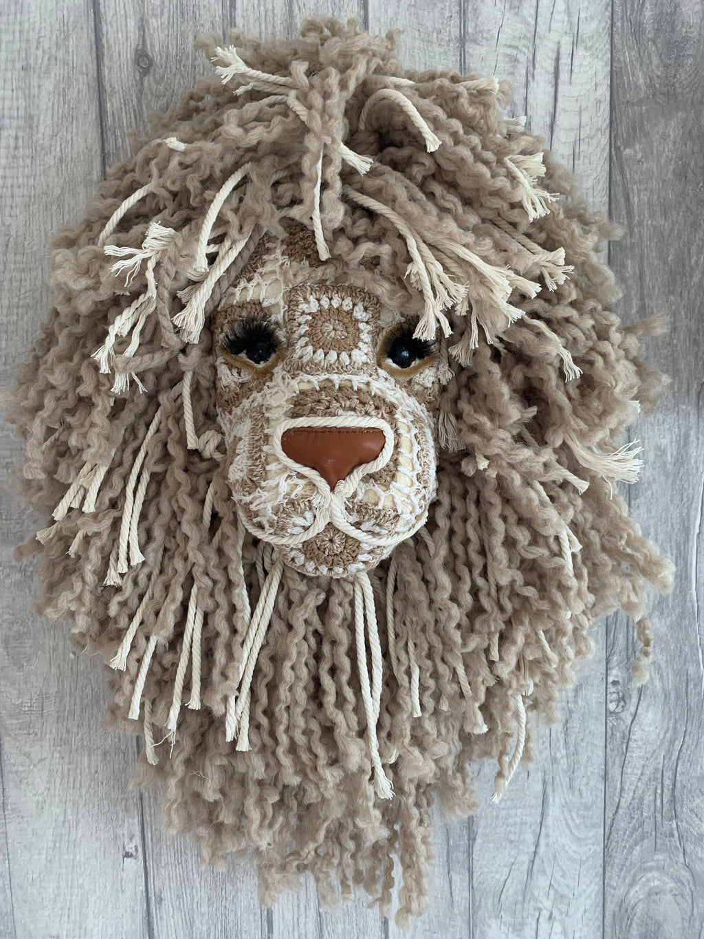 Crochet Lion head Handmade with tweed colour wool mane gift wall art taxidermy kids room baby nursury