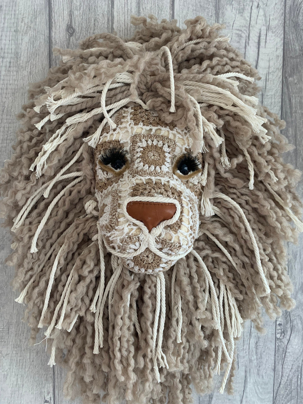 Crochet Lion head Handmade with tweed colour wool mane gift wall art taxidermy kids room baby nursury
