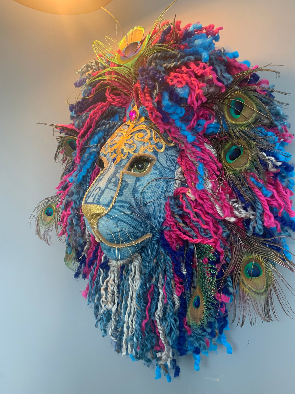 Lion peacock head Handmade with blues & Greens golds  peacock feathers colour wool striking on any wall, Vibrant Handmade