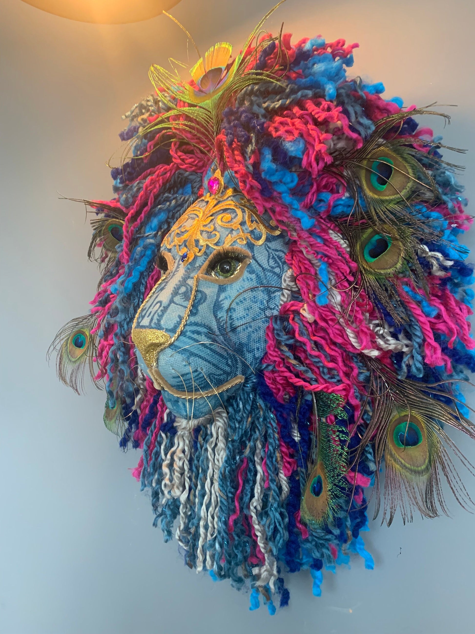 Lion peacock head Handmade with blues & Greens golds  peacock feathers colour wool striking on any wall, Vibrant Handmade