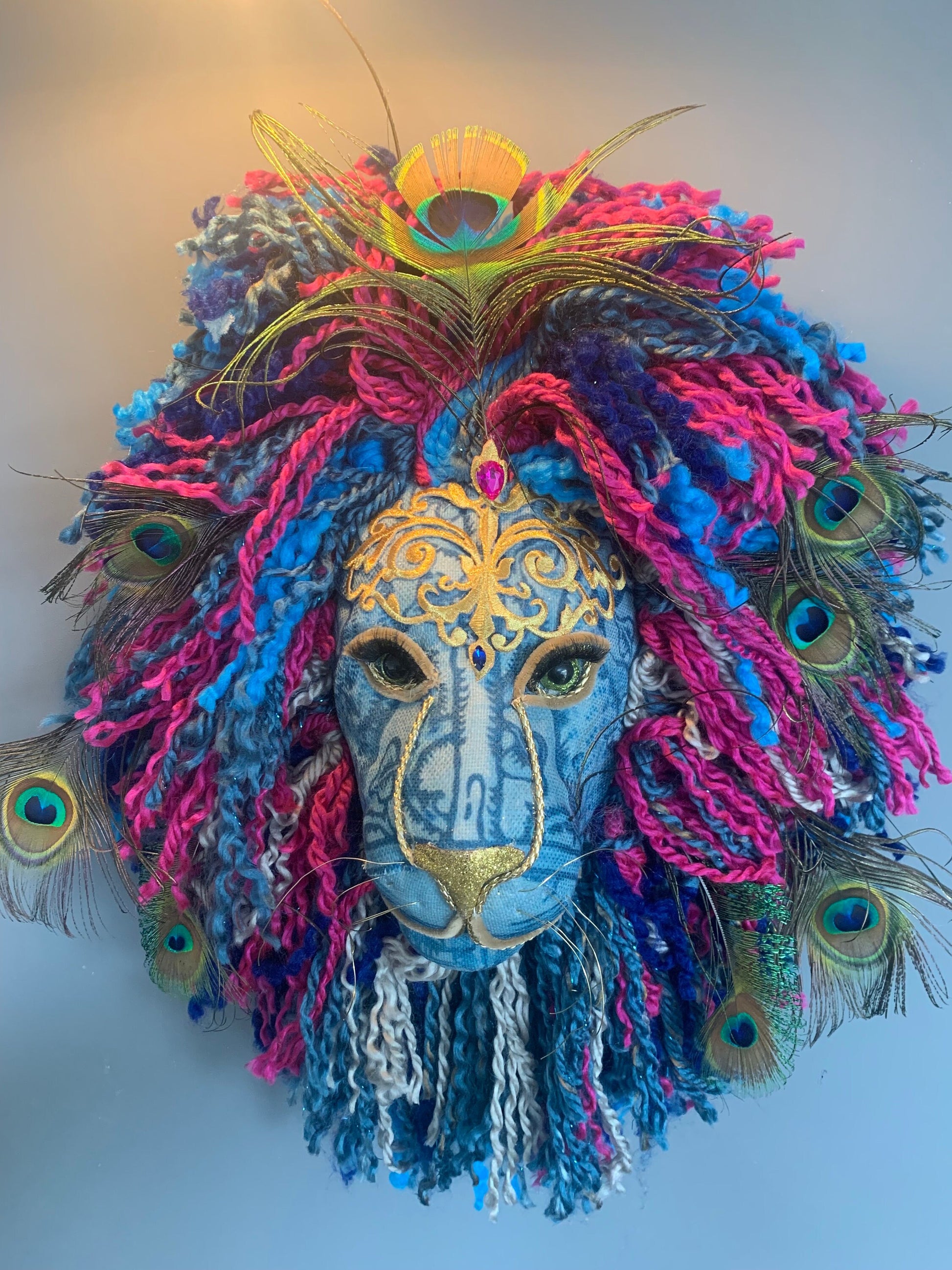 Lion peacock head Handmade with blues & Greens golds  peacock feathers colour wool striking on any wall, Vibrant Handmade