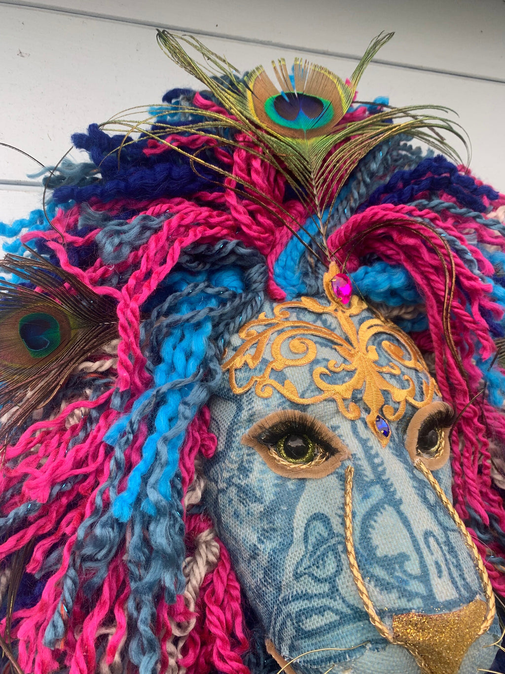 Lion peacock head Handmade with blues & Greens golds  peacock feathers colour wool striking on any wall, Vibrant Handmade