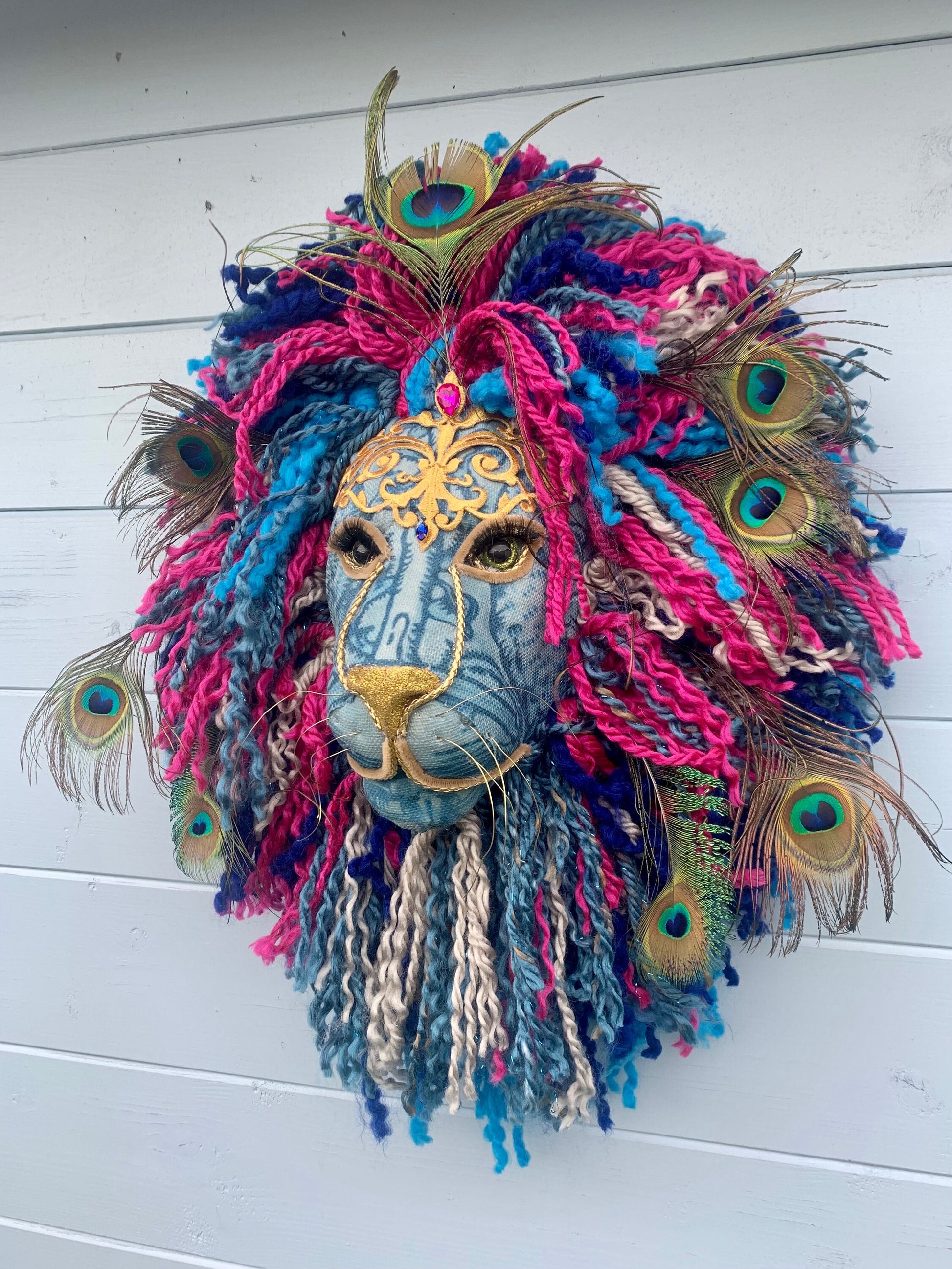 Lion peacock head Handmade with blues & Greens golds  peacock feathers colour wool striking on any wall, Vibrant Handmade