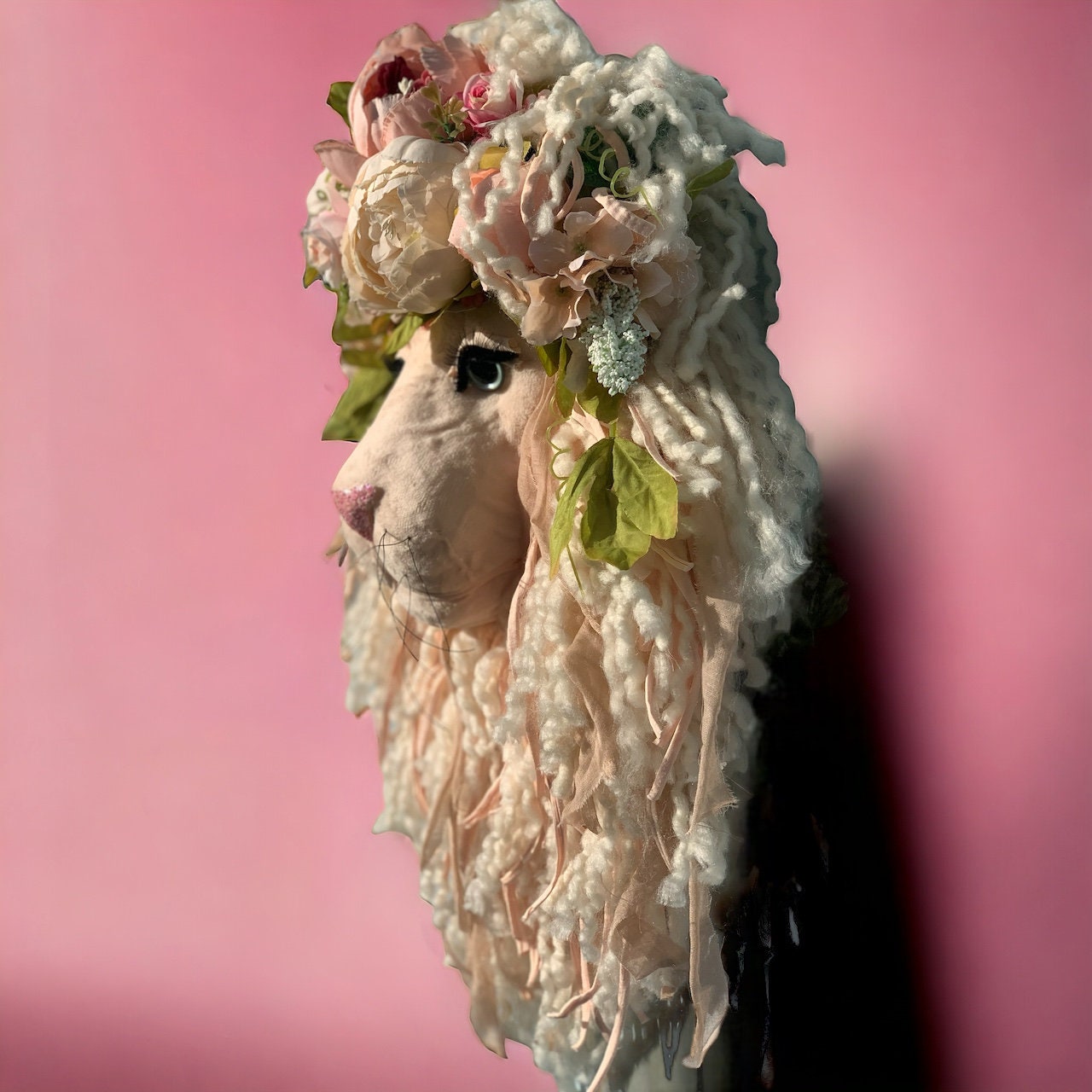 Meet PEACHES & CREAM Lion head beautifully crafted with soft velvet and silk flowers crown Festival summertime
