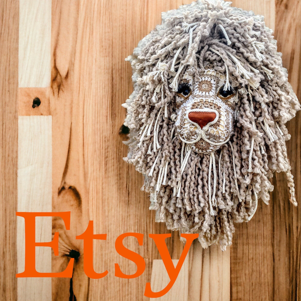 Crochet Lion head Handmade with tweed colour wool mane gift wall art taxidermy kids room baby nursury