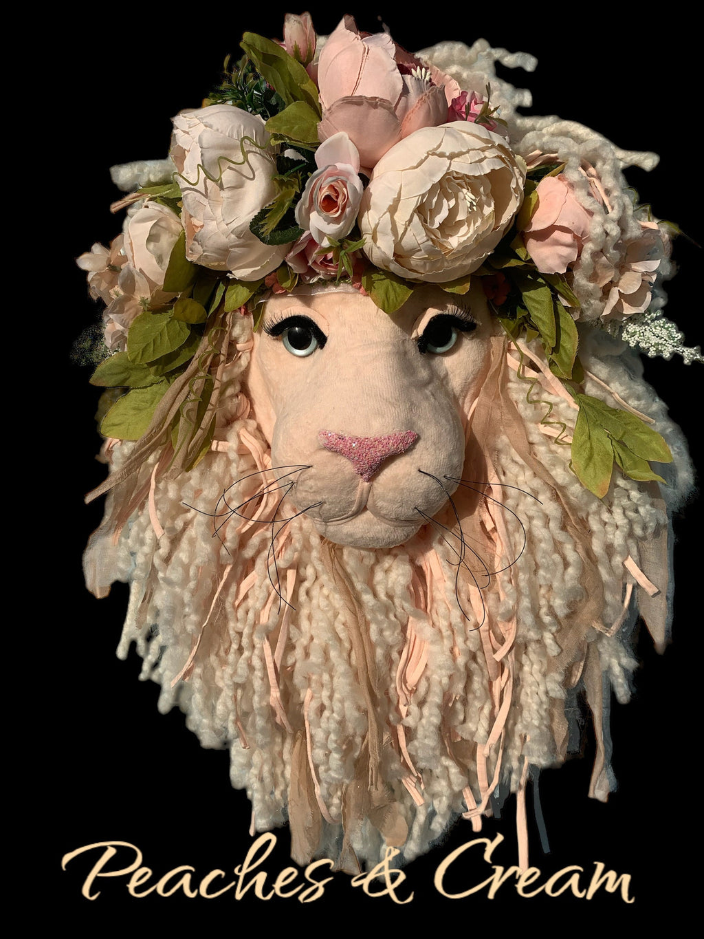 Meet PEACHES & CREAM Lion head beautifully crafted with soft velvet and silk flowers crown Festival summertime