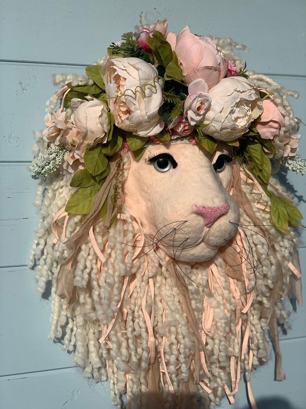 Meet PEACHES & CREAM Lion head beautifully crafted with soft velvet and silk flowers crown Festival summertime