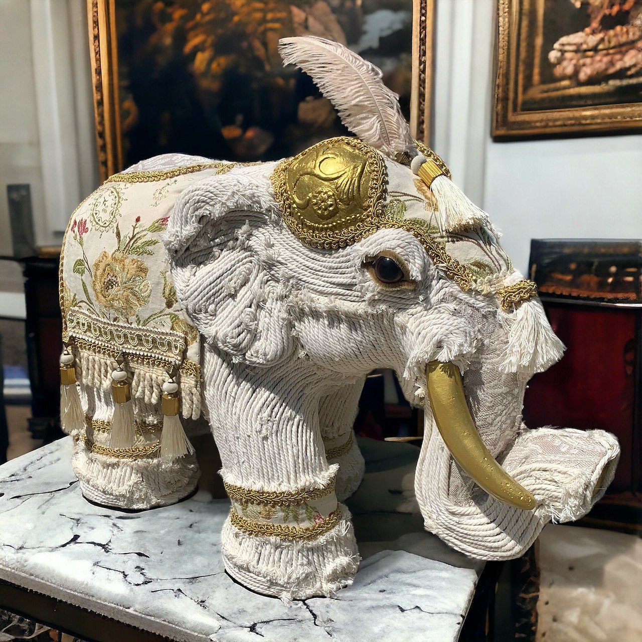 Freestanding high quality Elephant beautifully decorated with gorgeous fabrics and macrame cord