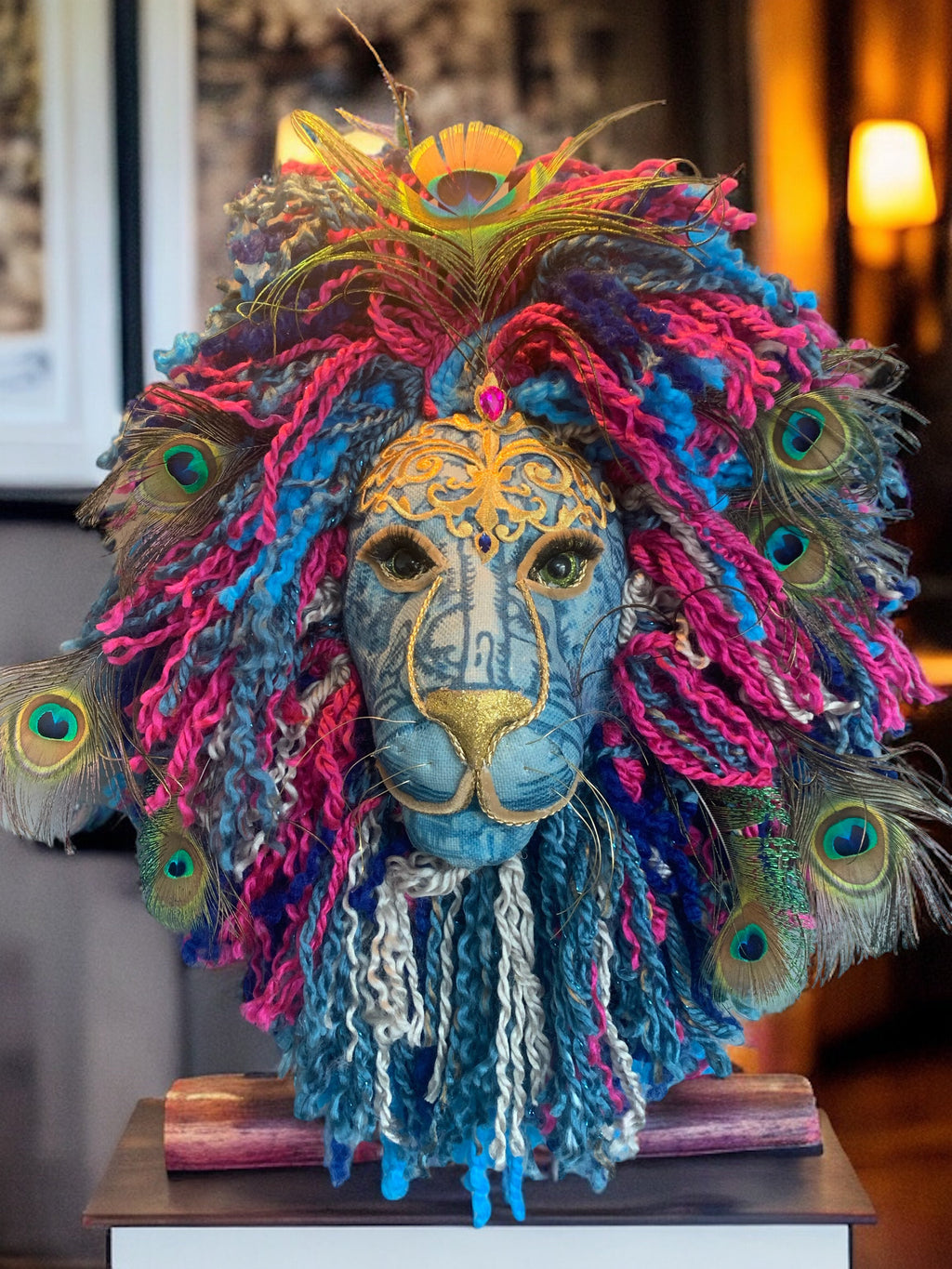 Lion peacock head Handmade with blues & Greens golds  peacock feathers colour wool striking on any wall, Vibrant Handmade