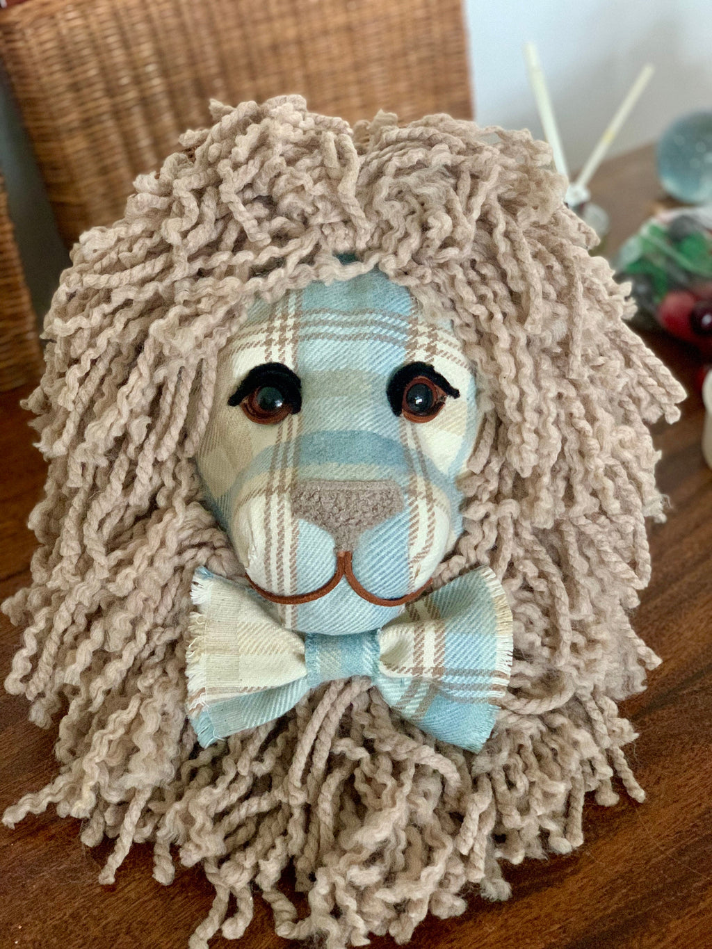 Tartan tweed Lion head Handmade with  matching colour wool mane gift wall art taxidermy kids room baby nursury