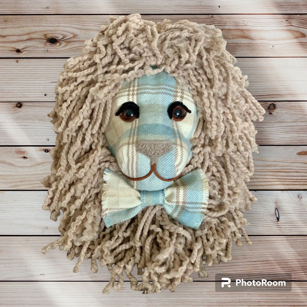 Tartan tweed Lion head Handmade with  matching colour wool mane gift wall art taxidermy kids room baby nursury