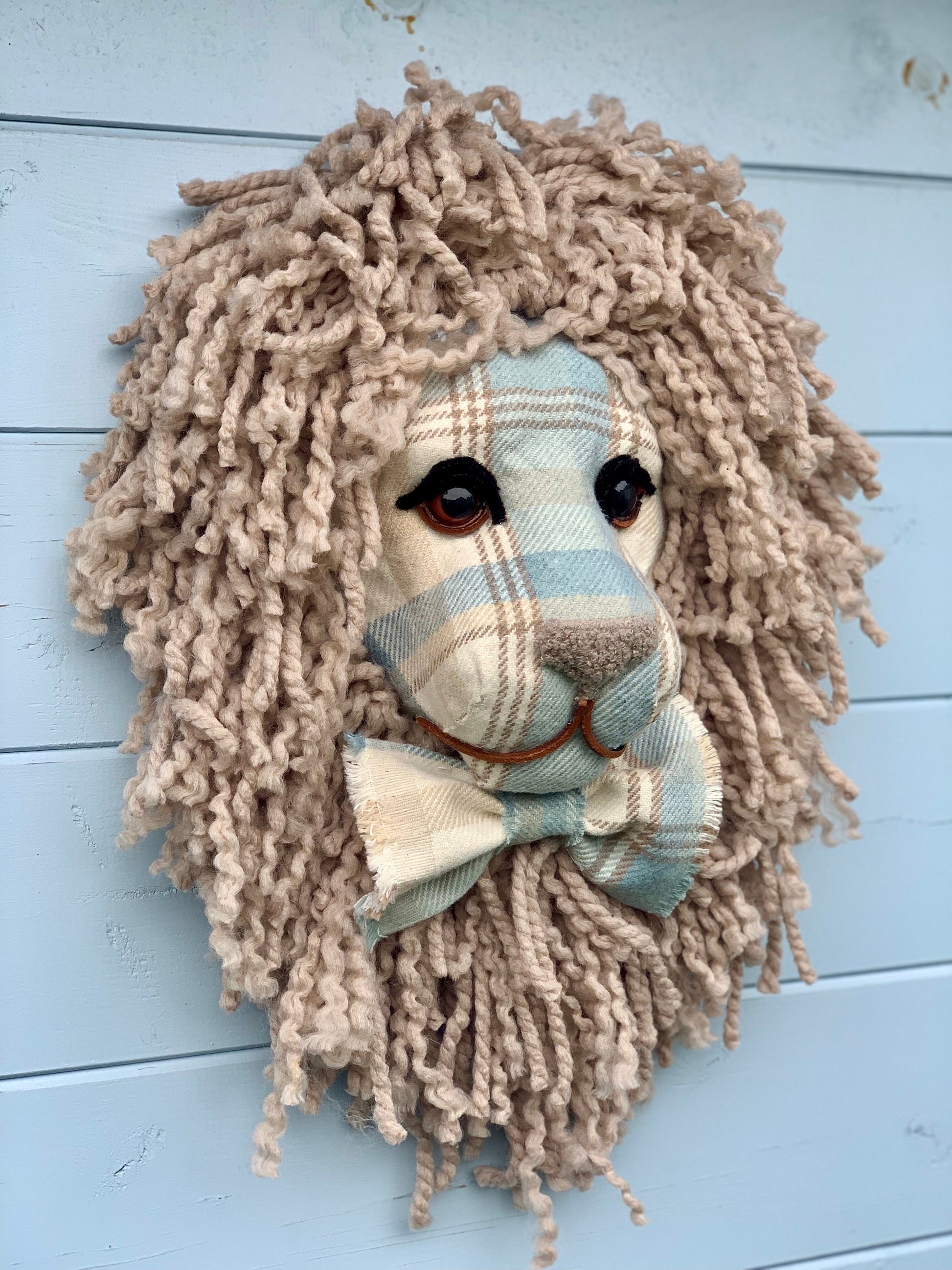 Tartan tweed Lion head Handmade with  matching colour wool mane gift wall art taxidermy kids room baby nursury