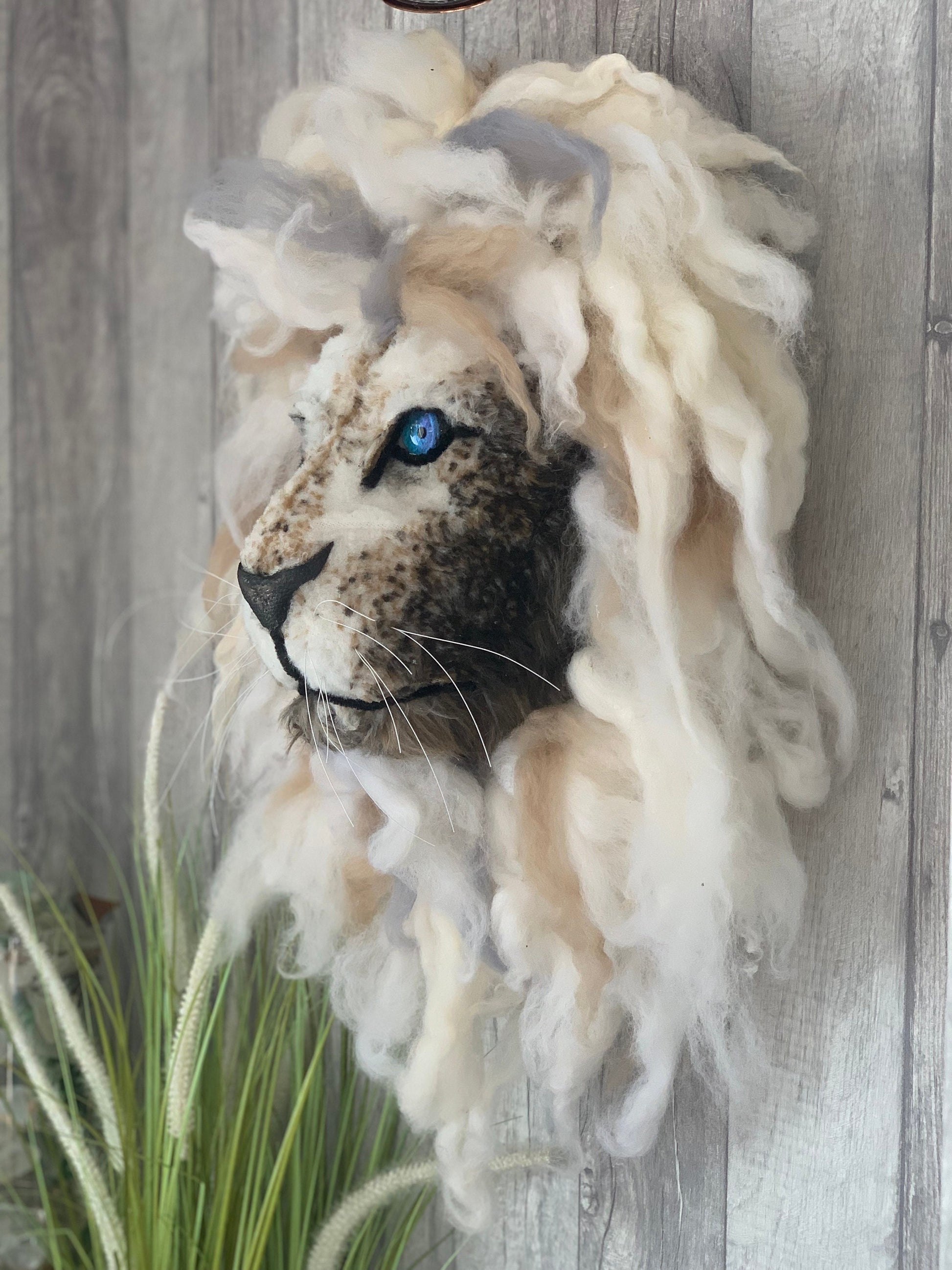 Lion GHOST Lion head Handmade with faux realistic fur and wool mane striking on any wall