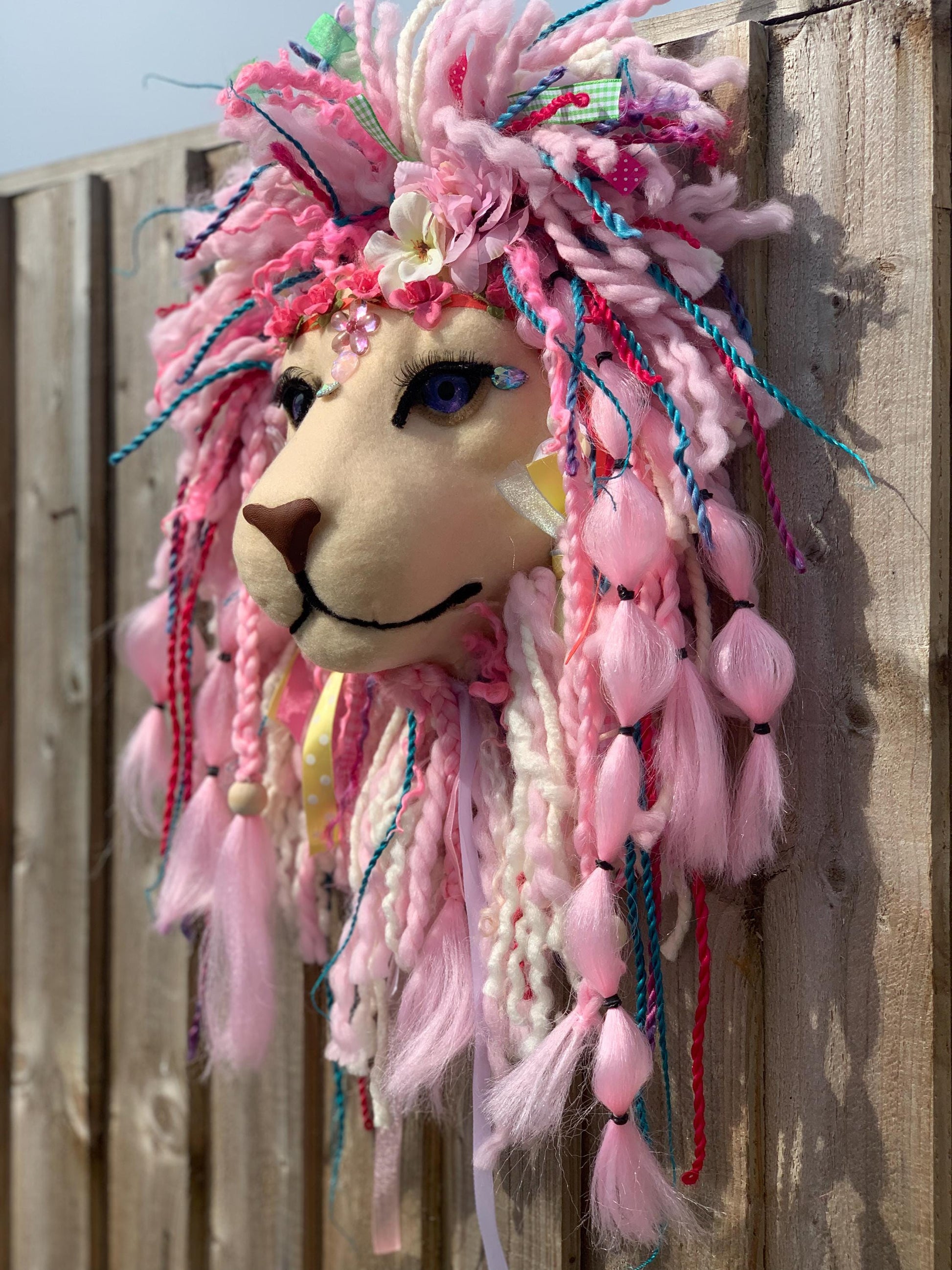 Miss Summer Vibe Festival lion head Ribbons & Lace breads plaits and sparkles   beautiful on any wall    Happy Face