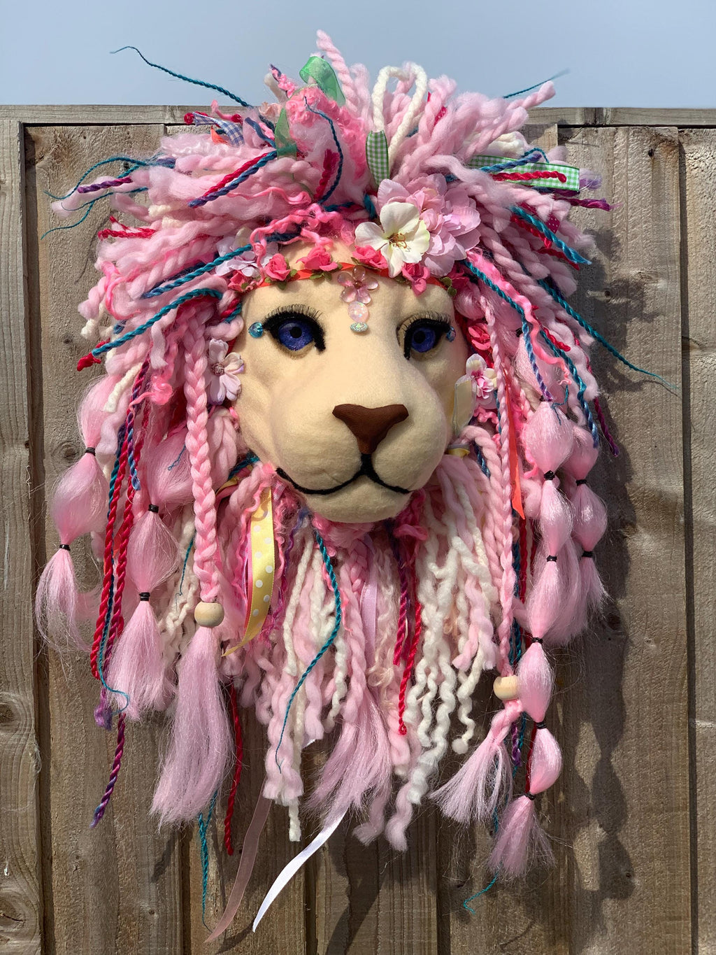 Miss Summer Vibe Festival lion head Ribbons & Lace breads plaits and sparkles   beautiful on any wall    Happy Face