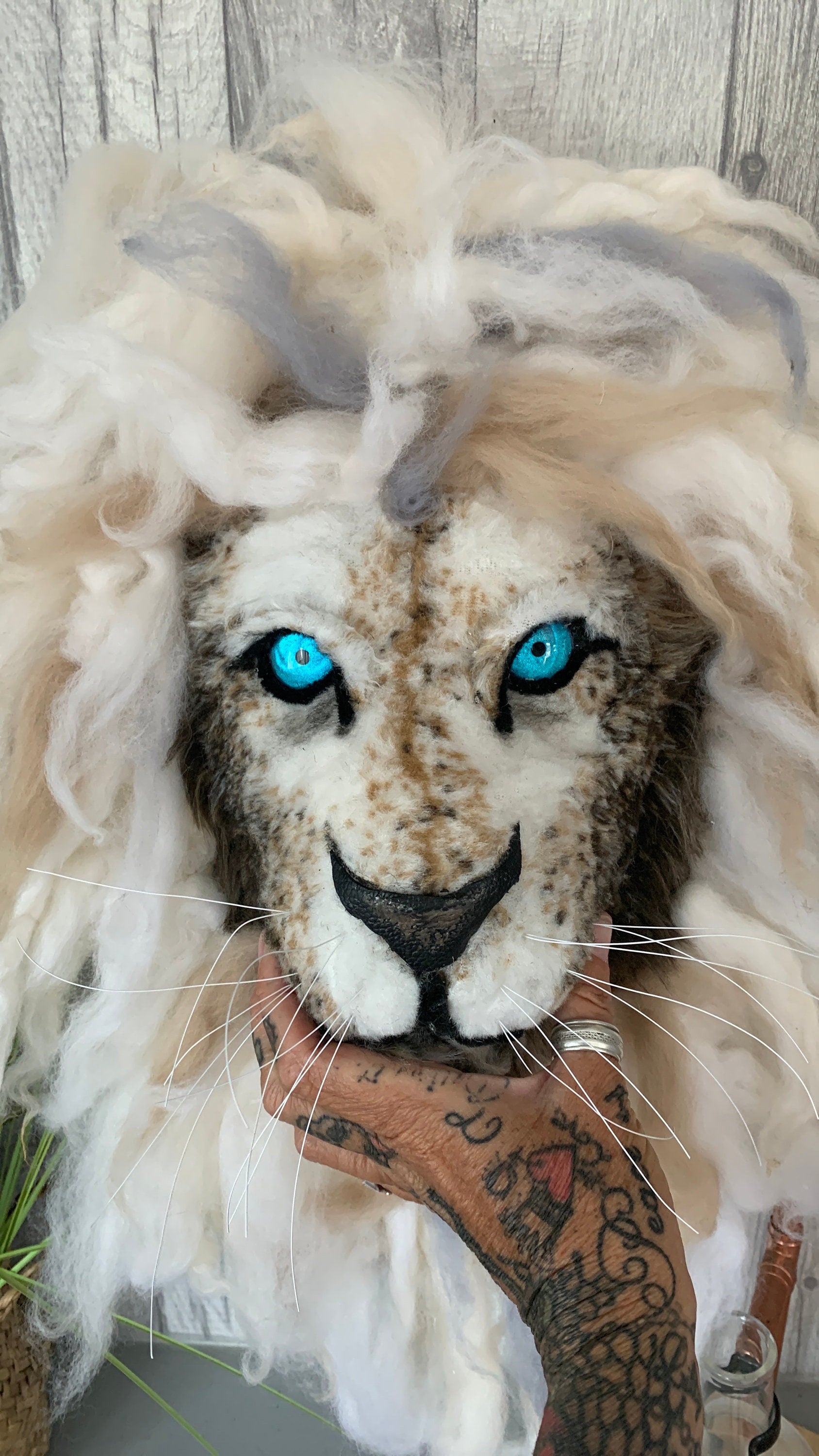Lion GHOST Lion head Handmade with faux realistic fur and wool mane striking on any wall