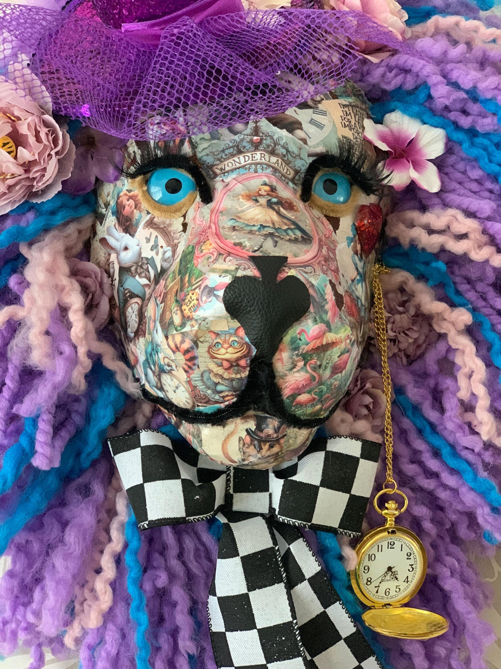 Alice in Wonderland themed Lion head with her vintage face, pocket watch, hat, it’s amazing In real life Great Christmas Present