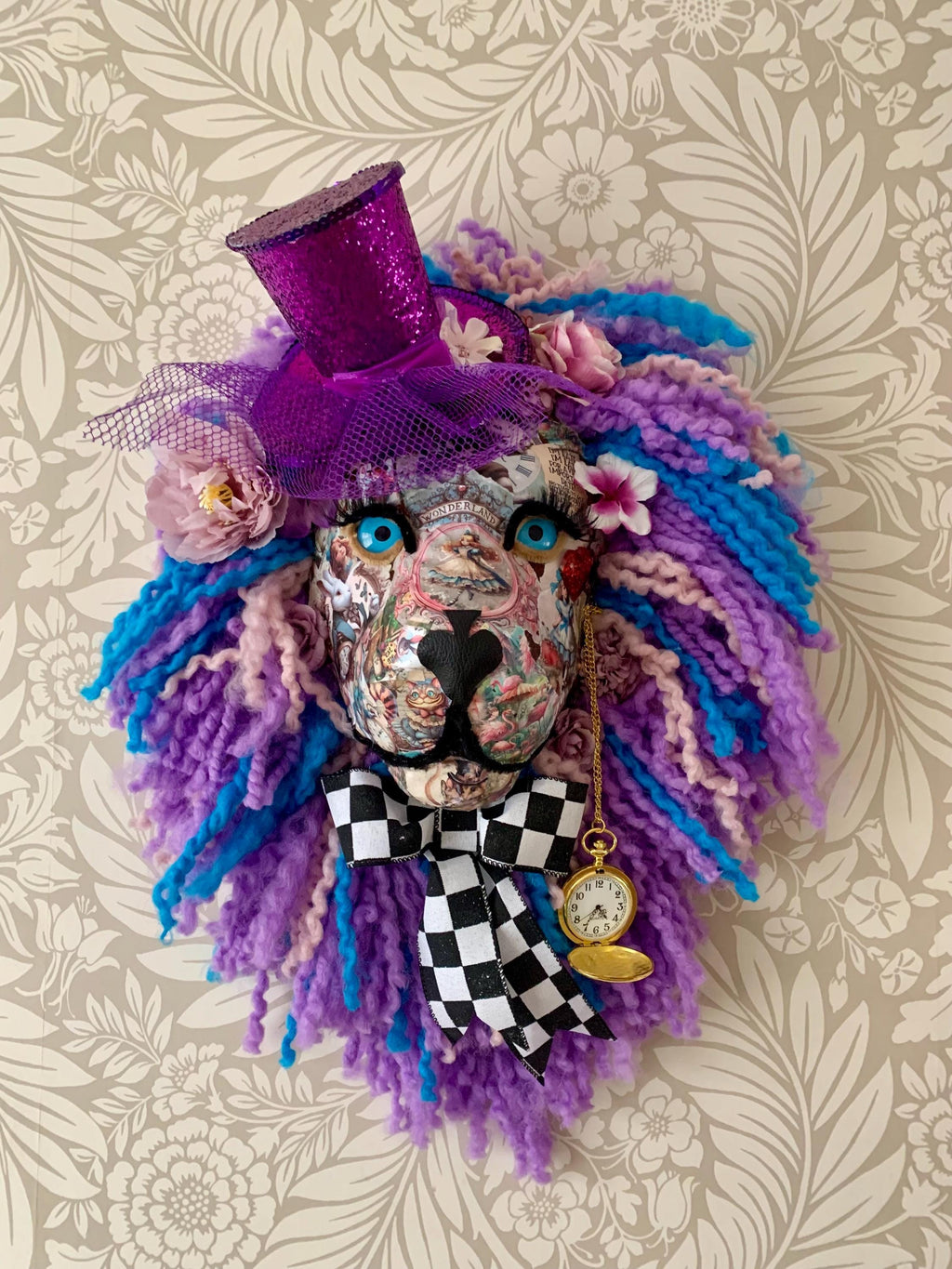 Alice in Wonderland themed Lion head with her vintage face, pocket watch, hat, it’s amazing In real life Great Christmas Present