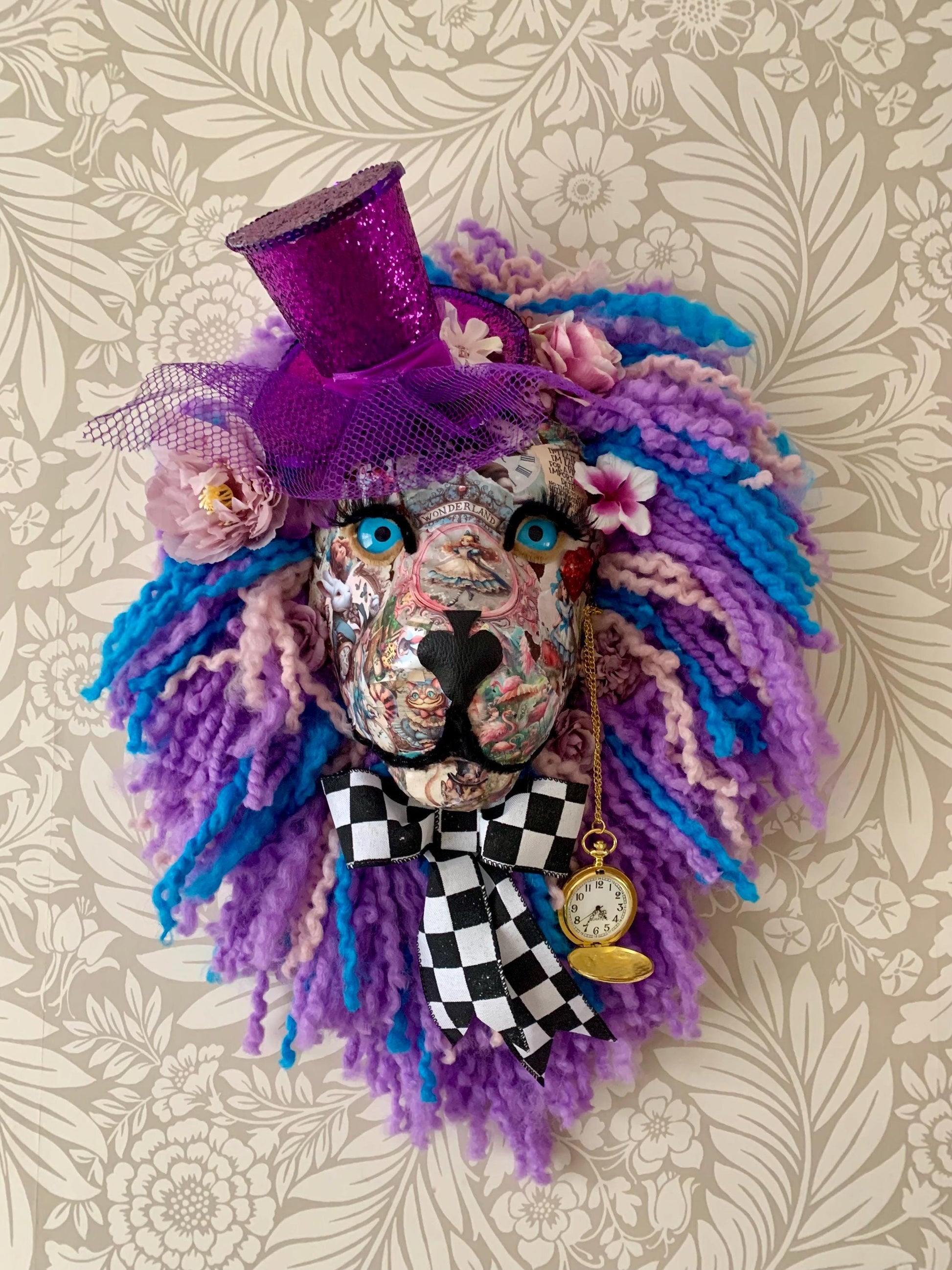 Alice in Wonderland themed Lion head with her vintage face, pocket watch, hat, it’s amazing In real life Great Christmas Present