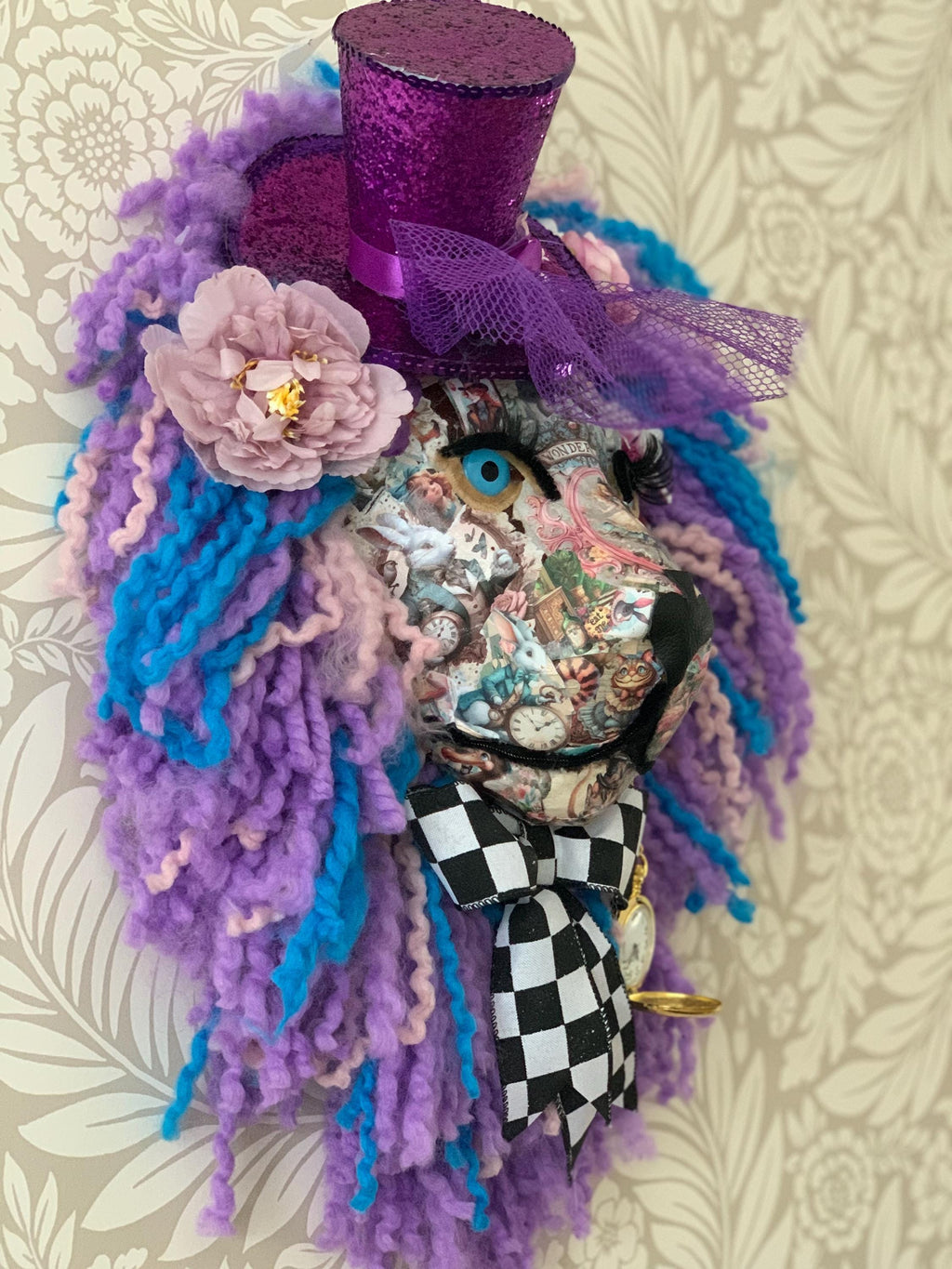 Alice in Wonderland themed Lion head with her vintage face, pocket watch, hat, it’s amazing In real life Great Christmas Present