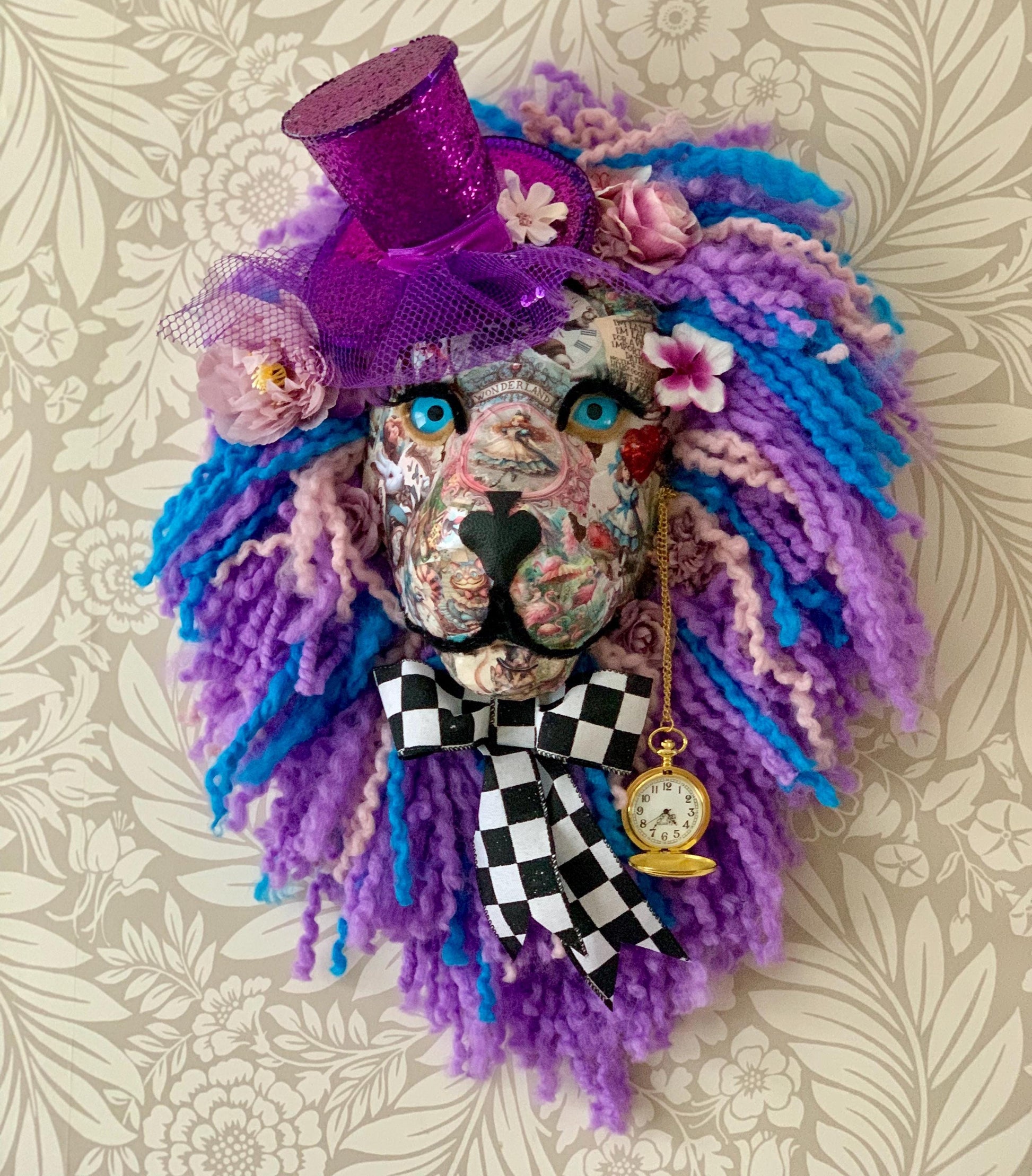 Alice in Wonderland themed Lion head with her vintage face, pocket watch, hat, it’s amazing In real life Great Christmas Present