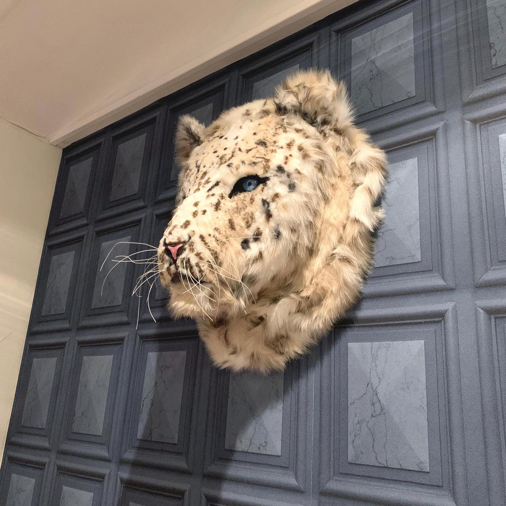 Snow leopard Handmade with beautiful faux high quality fur, realistic handmade eyes he’s 2ft x 2ft wall art faux taxidermy