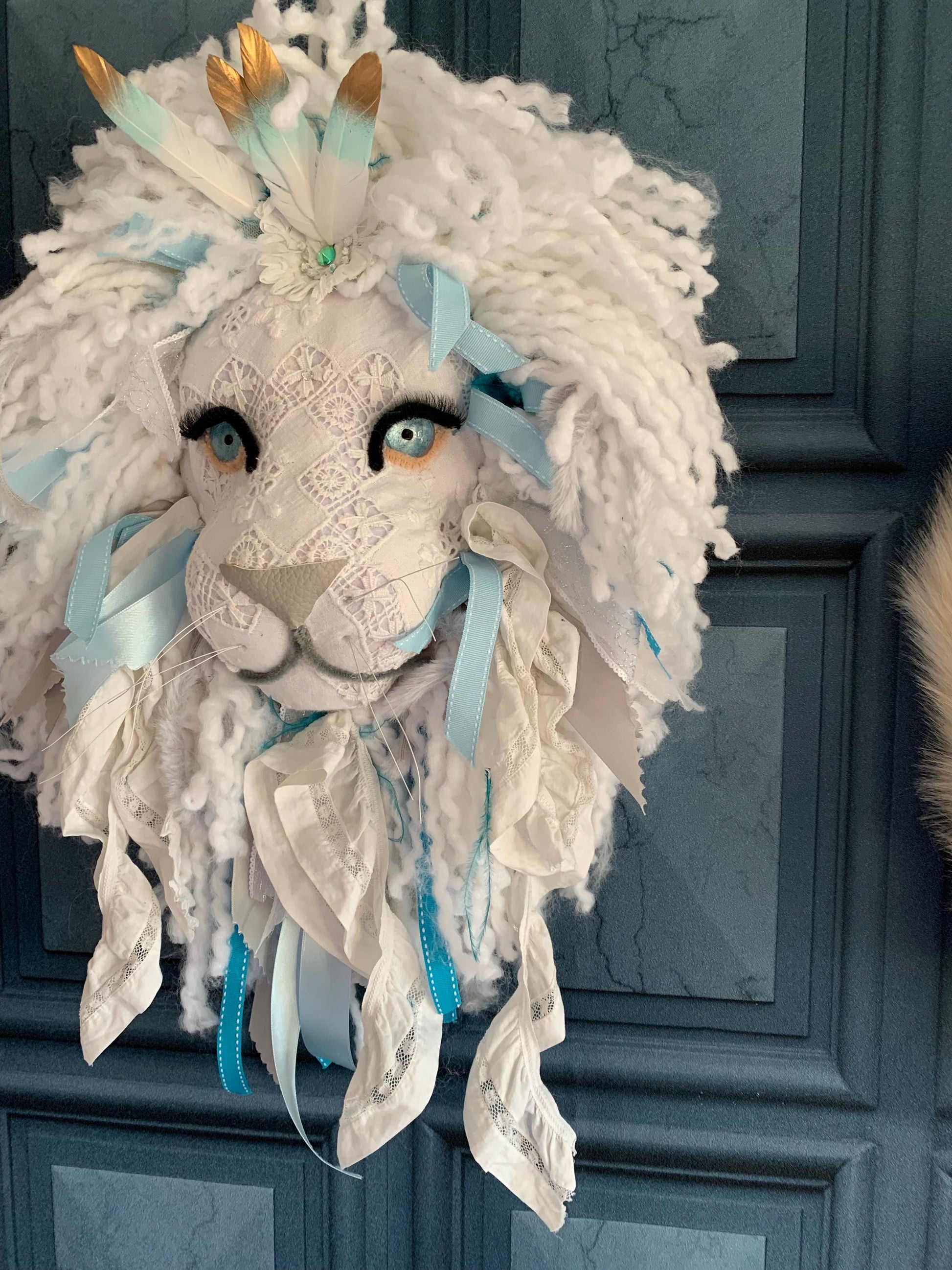 Handmade Winter Lion, vintage lace ribbons .. Really stunning 18” x. 18”