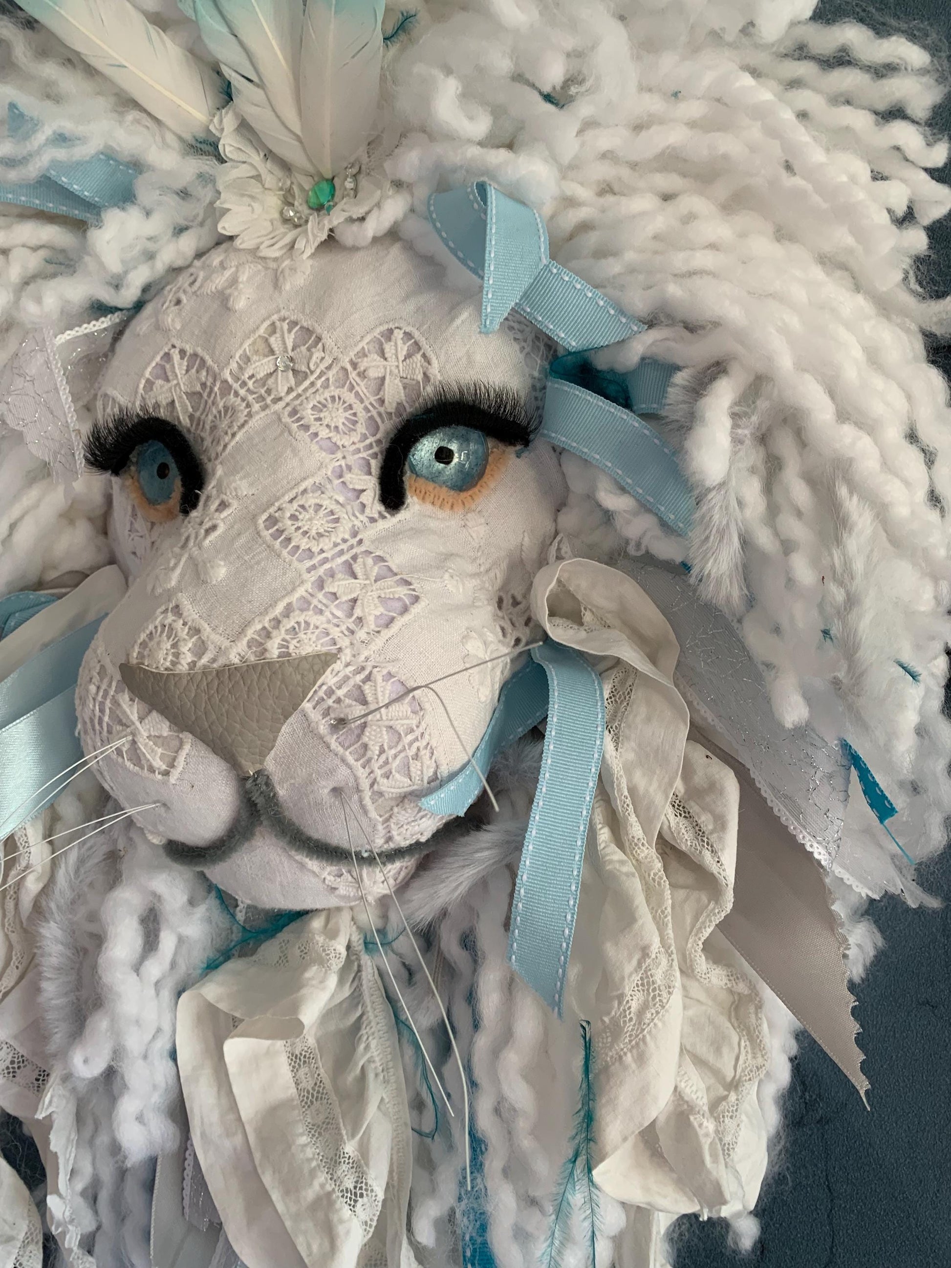 Handmade Winter Lion, vintage lace ribbons .. Really stunning 18” x. 18”