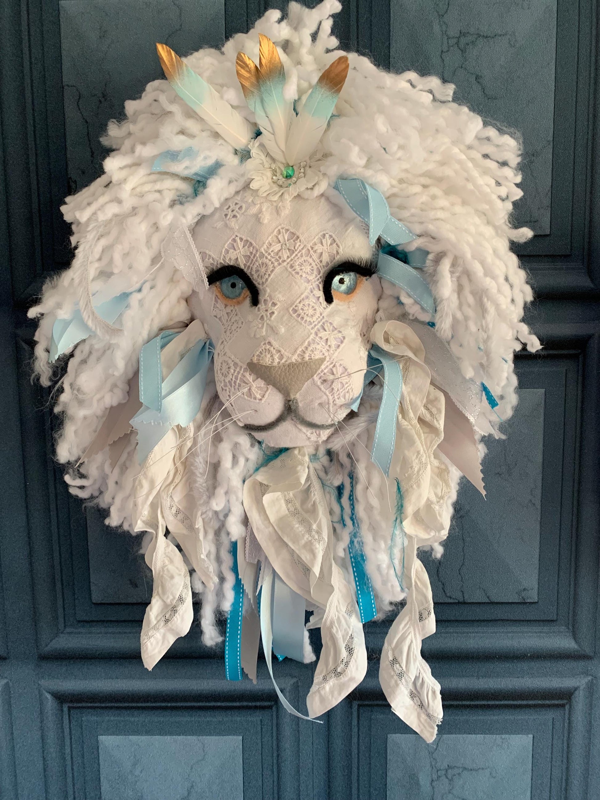 Handmade Winter Lion, vintage lace ribbons .. Really stunning 18” x. 18”